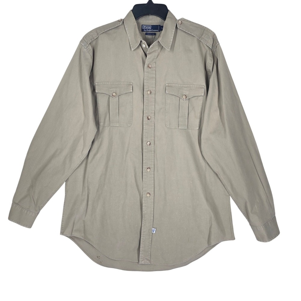 Vtg Y2K Polo Ralph Lauren Shirt Mens L Khaki Cotton Twill Safari Epaulette LS - Picture 11 of 11